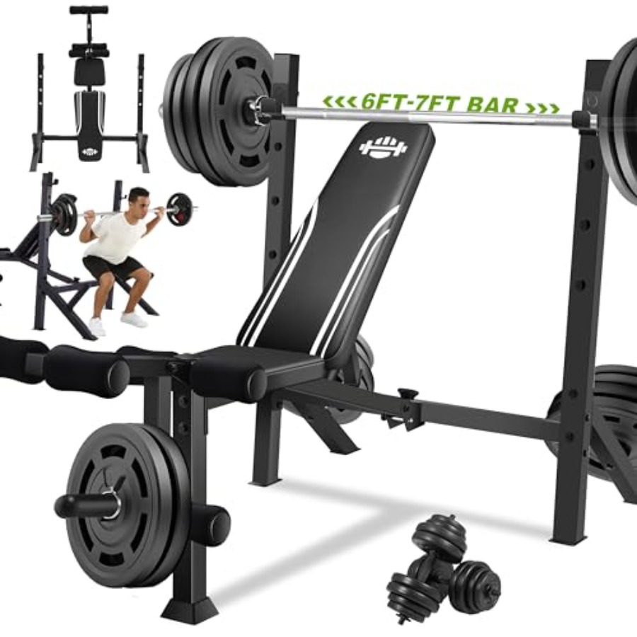 Home Gym Leg Press - 900LBS 중량 벤치 세트(스쿼트 랙 포함),